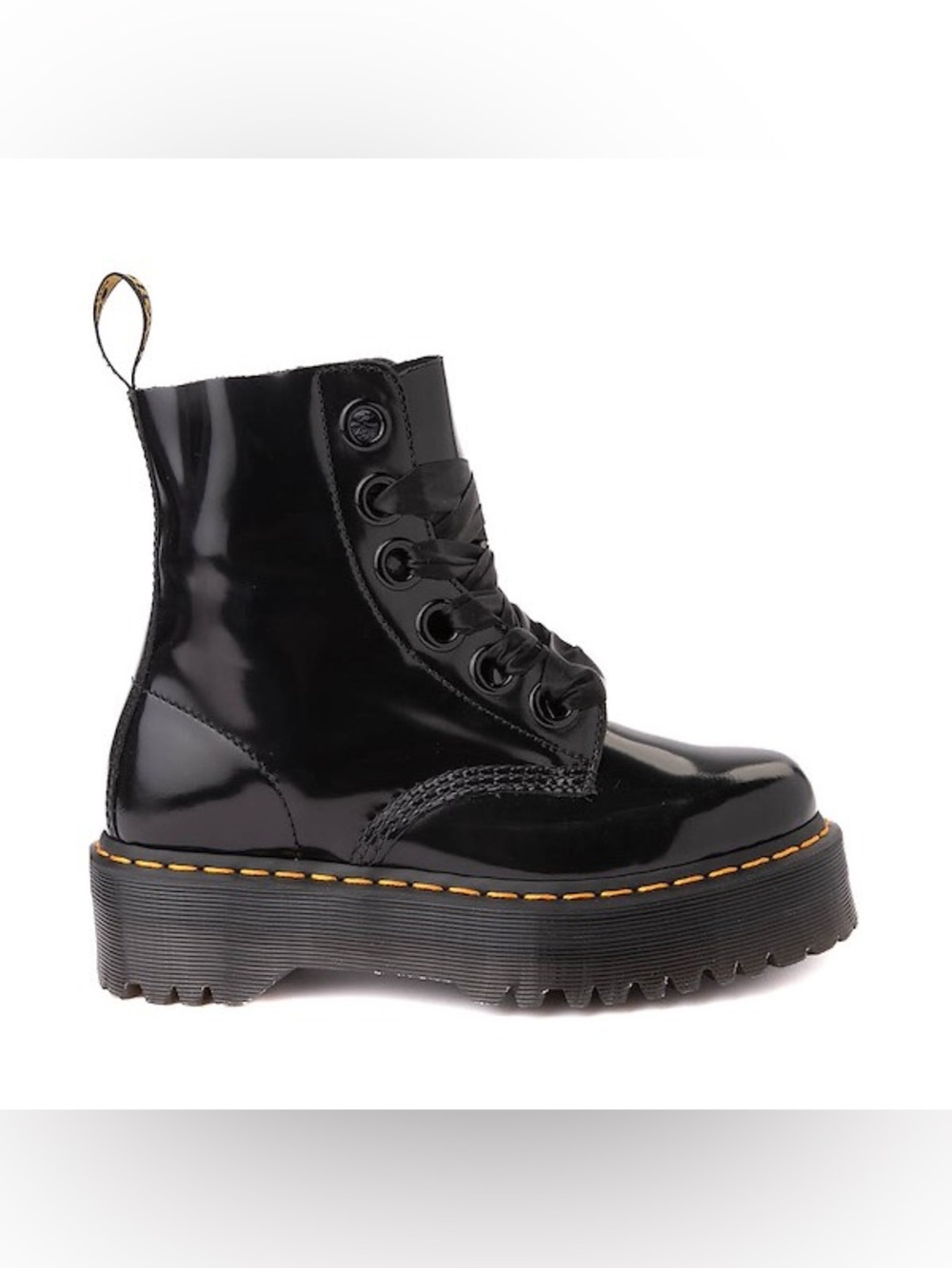 Dr. Martens Molly Black Patent Platform Lace-Up Ribbon Boot w/ yellow stitching